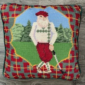 Needlepoint Golf Pillow Handmade Vintage Decorative 13x13  Golfer Velvet Zipper